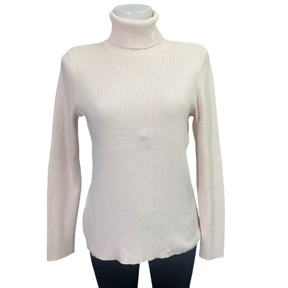Ralph Lauren Pale Pink Ribbed Knit Turtle Neck Sweater‎ Vintage RL Logo Large